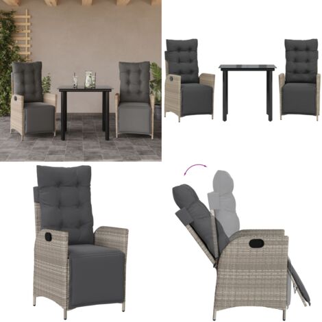 Set Pranzo da Giardino 3pz con Cuscini Grigio Chiaro Polyrattan - Sedie da giardino reclinabili - Tavolo da giardino
