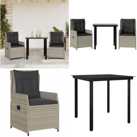 Set Pranzo da Giardino 3pz con Cuscini Grigio Chiaro Polyrattan - Sedie da giardino reclinabili - Tavolo da giardino