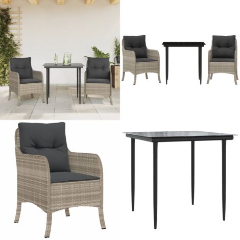 Set Pranzo da Giardino 3pz con Cuscini Grigio Chiaro Polyrattan - Tavolo da giardino - Sedie da giardino