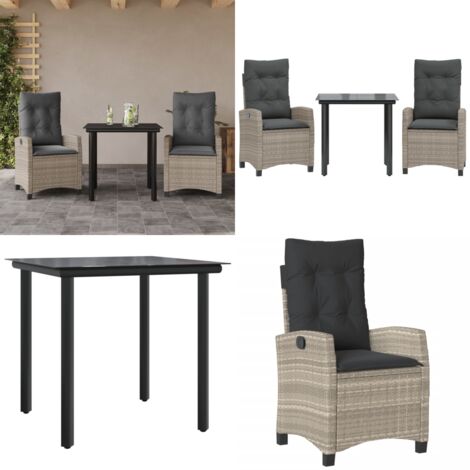 Set Pranzo da Giardino 3pz con Cuscini Grigio Chiaro Polyrattan - Tavolo da giardino - Sedie da giardino