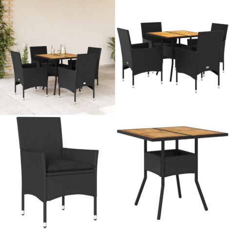 Set Pranzo da Giardino 5 pz con Cuscini Nero Polyrattan Acacia - Tavolo da giardino - Sedie da giardino