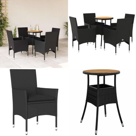 Set Pranzo da Giardino 5 pz con Cuscini Nero Polyrattan Acacia - Tavolo da giardino - Sedie da giardino