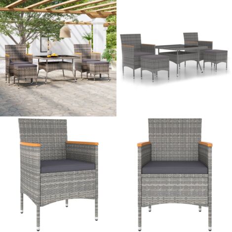 Set Pranzo da Giardino 5 pz Polyrattan e Vetro Temperato Grigio - Tavolo da pranzo da esterno - Sedie da giardino