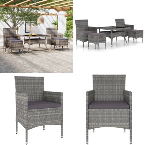 Set Pranzo da Giardino 5 pz Polyrattan e Vetro Temperato Grigio - Tavolo da pranzo da esterno - Sedie da giardino