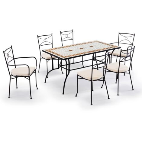 Set pranzo da giardino 6 posti con tavolo in mosaico di ceramica sedie e cuscini