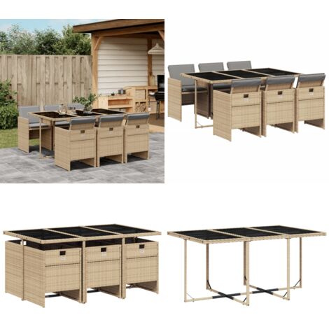 Set Pranzo da Giardino 7 pz con Cuscini Beige Misto Polyrattan - Sedie da giardino - Tavolo da giardino