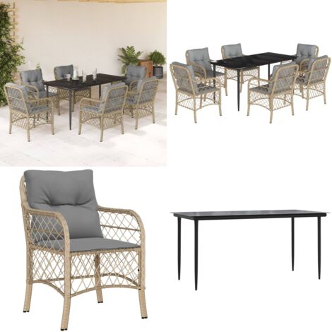 Set Pranzo da Giardino 7 pz con Cuscini Beige Misto Polyrattan - Sedie da giardino - Tavolo da giardino