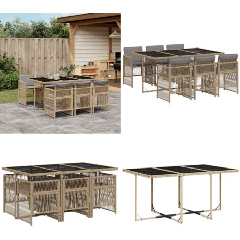 Set Pranzo da Giardino 7 pz con Cuscini Beige Misto Polyrattan - Sedie da giardino - Tavolo da giardino