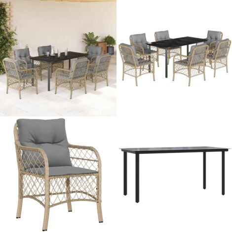 Set Pranzo da Giardino 7 pz con Cuscini Beige Misto Polyrattan - Sedie da giardino - Tavolo da giardino