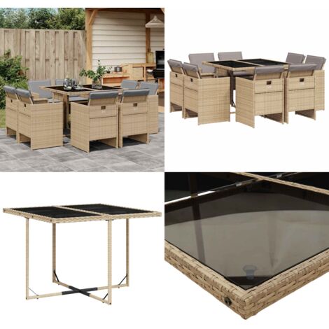 Set Pranzo da Giardino 9 pz con Cuscini Beige Misto Polyrattan - Sedie da giardino - Tavolo da giardino