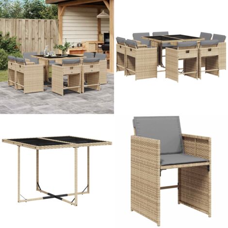 Set Pranzo da Giardino 9 pz con Cuscini Beige Misto Polyrattan - Sedie da giardino - Tavolo da giardino