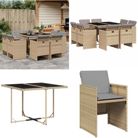Set Pranzo da Giardino 9 pz con Cuscini Beige Misto Polyrattan - Sedie da giardino - Tavolo da giardino