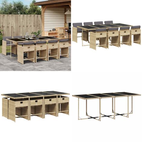 Set Pranzo da Giardino 9 pz con Cuscini Beige Misto Polyrattan - Sedie da giardino - Tavolo da giardino