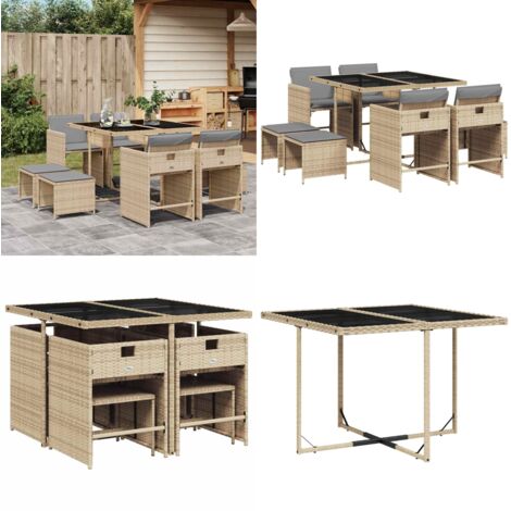Set Pranzo da Giardino 9 pz con Cuscini Beige Misto Polyrattan - Sedie da giardino - Tavolo da giardino
