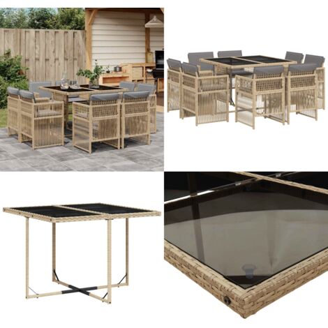Set Pranzo da Giardino 9 pz con Cuscini Beige Misto Polyrattan - Sedie da giardino - Tavolo da giardino