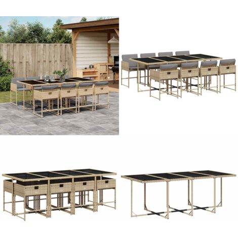 Set Pranzo da Giardino 9 pz con Cuscini Beige Misto Polyrattan - Sedie da giardino - Tavolo da giardino