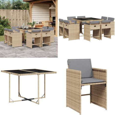 Set Pranzo da Giardino 9 pz con Cuscini Beige Misto Polyrattan - Sedie da giardino - Tavolo da giardino
