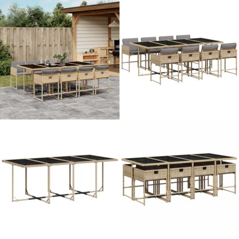 Set Pranzo da Giardino 9 pz con Cuscini Beige Misto Polyrattan - Sedie da giardino - Tavolo da giardino