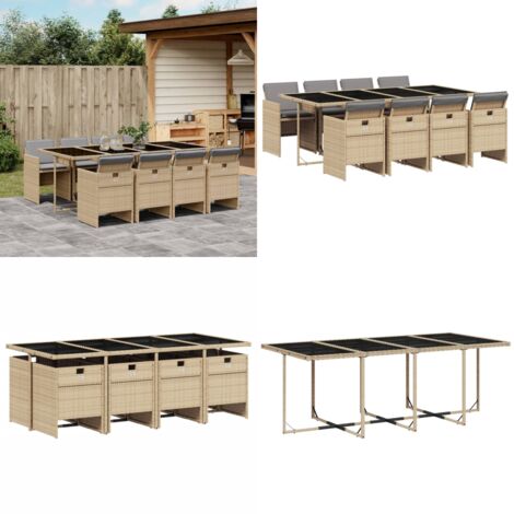 Set Pranzo da Giardino 9 pz con Cuscini Beige Misto Polyrattan - Sedie da giardino - Tavolo da giardino