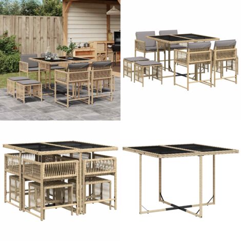 Set Pranzo da Giardino 9 pz con Cuscini Beige Misto Polyrattan - Sedie da giardino - Tavolo da giardino