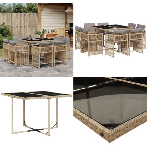 Set Pranzo da Giardino 9 pz con Cuscini Beige Misto Polyrattan - Sedie da giardino - Tavolo da giardino