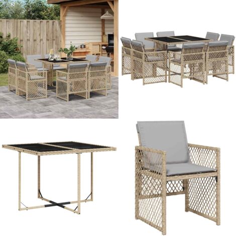 Set Pranzo da Giardino 9 pz con Cuscini Beige Misto Polyrattan - Sedie da giardino - Tavolo da giardino