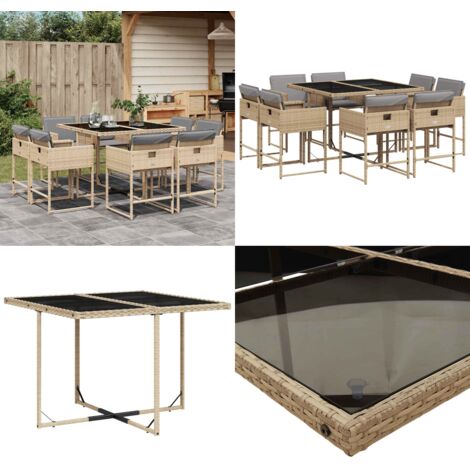 Set Pranzo da Giardino 9 pz con Cuscini Beige Misto Polyrattan - Sedie da giardino - Tavolo da giardino