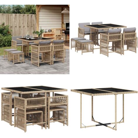 Set Pranzo da Giardino 9 pz con Cuscini Beige Misto Polyrattan - Sedie da giardino - Tavolo da giardino
