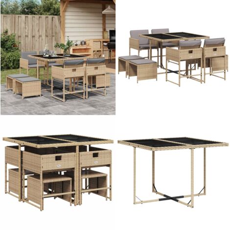 Set Pranzo da Giardino 9 pz con Cuscini Beige Misto Polyrattan - Sedie da giardino - Tavolo da giardino