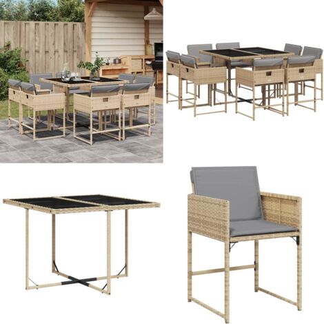 Set Pranzo da Giardino 9 pz con Cuscini Beige Misto Polyrattan - Sedie da giardino - Tavolo da giardino