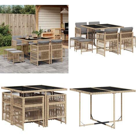 Set Pranzo da Giardino 9 pz con Cuscini Beige Misto Polyrattan - Sedie da giardino - Tavolo da giardino