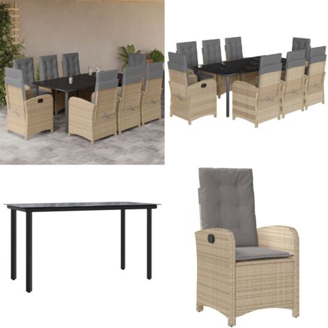 Set Pranzo da Giardino 9 pz con Cuscini Beige Misto Polyrattan - Sedie da giardino - Tavolo da giardino