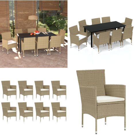 Set Pranzo da Giardino 9 pz con Cuscini in Polyrattan Beige - Sedie da giardino - Tavolo da pranzo esterno
