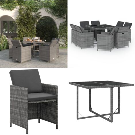 Set Pranzo da Giardino 9 pz con Cuscini in Polyrattan Grigio - Tavolo da pranzo da esterno - Sedie da giardino
