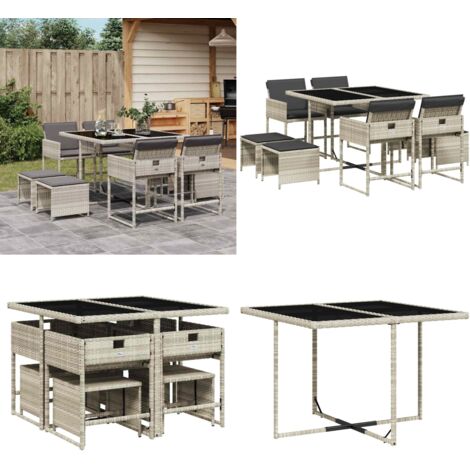 Set Pranzo da Giardino 9pz con Cuscini Grigio Chiaro Polyrattan - Sedie da giardino - Sgabelli da giardino