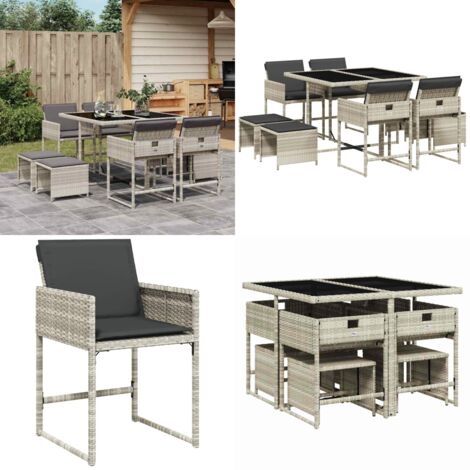 Set Pranzo da Giardino 9pz con Cuscini Grigio Chiaro Polyrattan - Sedie da giardino - Sgabelli da giardino