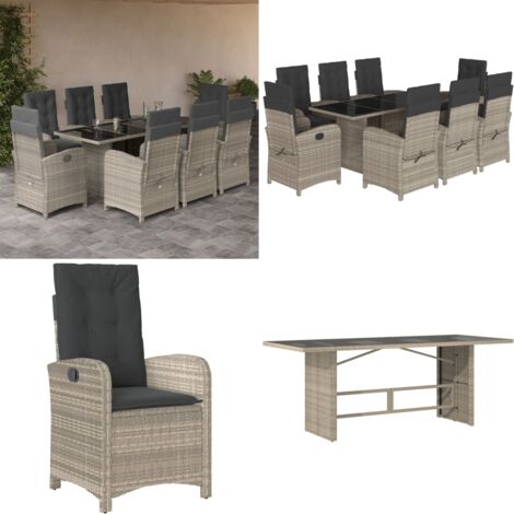 Set Pranzo da Giardino 9pz con Cuscini Grigio Chiaro Polyrattan - Sedie da giardino - Tavolo da giardino