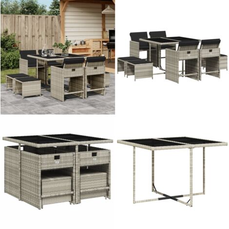 Set Pranzo da Giardino 9pz con Cuscini Grigio Chiaro Polyrattan - Sedie da giardino - Tavolo da giardino