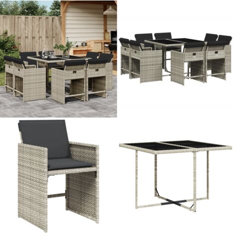 Set Pranzo da Giardino 9pz con Cuscini Grigio Chiaro Polyrattan - Sedie da giardino - Tavolo da giardino