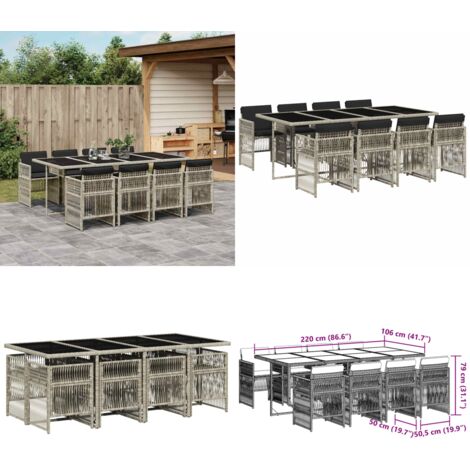 Set Pranzo da Giardino 9pz con Cuscini Grigio Chiaro Polyrattan - Sedie da giardino - Tavolo da giardino