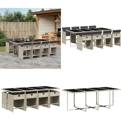 Set Pranzo da Giardino 9pz con Cuscini Grigio Chiaro Polyrattan - Sedie da giardino - Tavolo da giardino