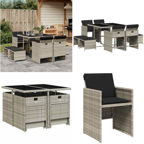 Set Pranzo da Giardino 9pz con Cuscini Grigio Chiaro Polyrattan - Sedie da giardino - Tavolo da giardino