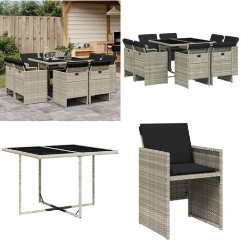 Set Pranzo da Giardino 9pz con Cuscini Grigio Chiaro Polyrattan - Sedie da giardino - Tavolo da giardino