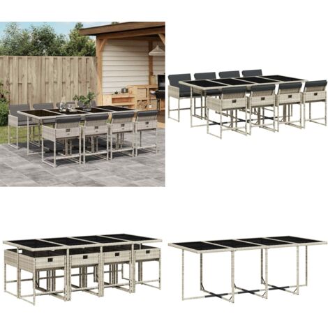 Set Pranzo da Giardino 9pz con Cuscini Grigio Chiaro Polyrattan - Sedie da giardino - Tavolo da giardino
