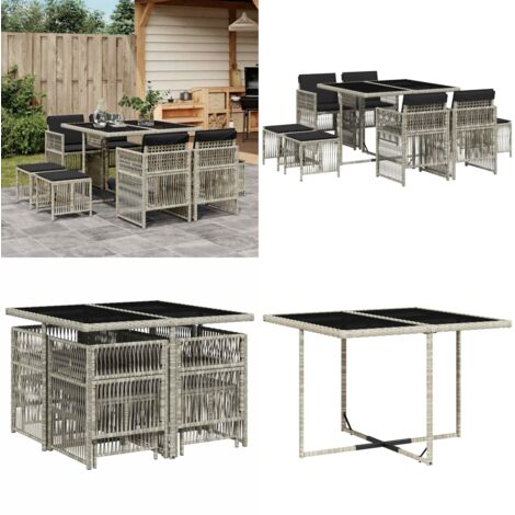 Set Pranzo da Giardino 9pz con Cuscini Grigio Chiaro Polyrattan - Sedie da giardino - Tavolo da giardino