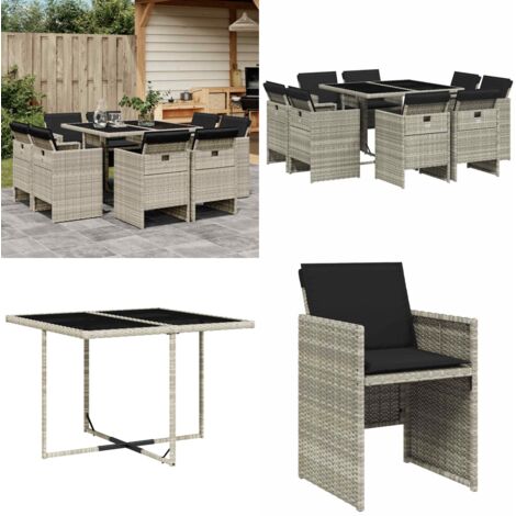 Set Pranzo da Giardino 9pz con Cuscini Grigio Chiaro Polyrattan - Sedie da giardino - Tavolo da giardino