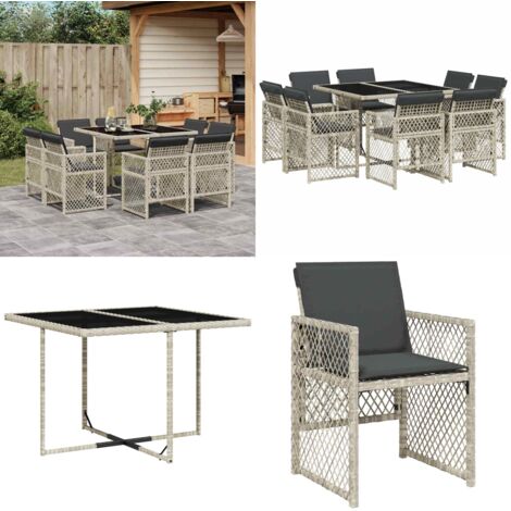 Set Pranzo da Giardino 9pz con Cuscini Grigio Chiaro Polyrattan - Sedie da giardino - Tavolo da giardino