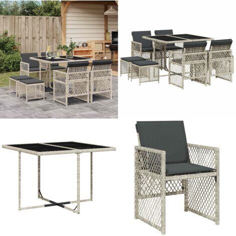 Set Pranzo da Giardino 9pz con Cuscini Grigio Chiaro Polyrattan - Sedie da giardino - Tavolo da giardino
