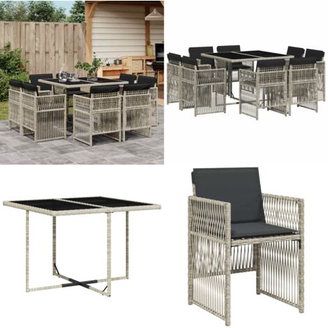 Set Pranzo da Giardino 9pz con Cuscini Grigio Chiaro Polyrattan - Sedie da giardino - Tavolo da giardino