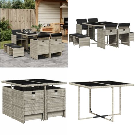 Set Pranzo da Giardino 9pz con Cuscini Grigio Chiaro Polyrattan - Sedie da giardino - Tavolo da giardino